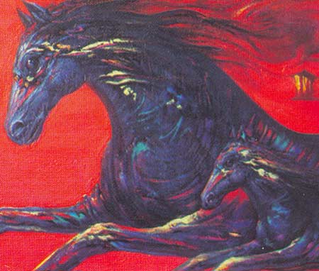 Картина:Вороные кони на красном.